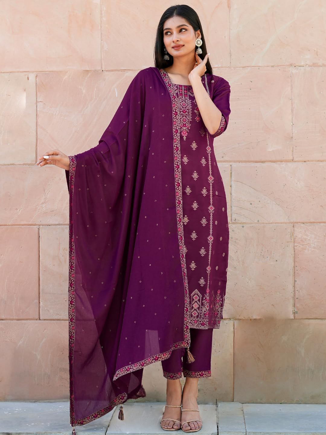 Libas Women's Silk Blend Kurta Sets (33345O_Purple
