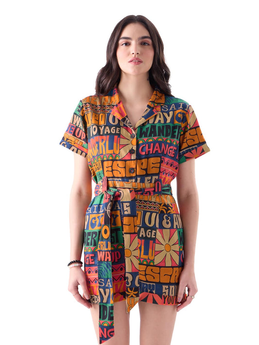 The Souled Store Traveller Women and Girls Short Sleeves Collared Neck Button Front Multicolor All Over Printed Cotton Mini Playsuits