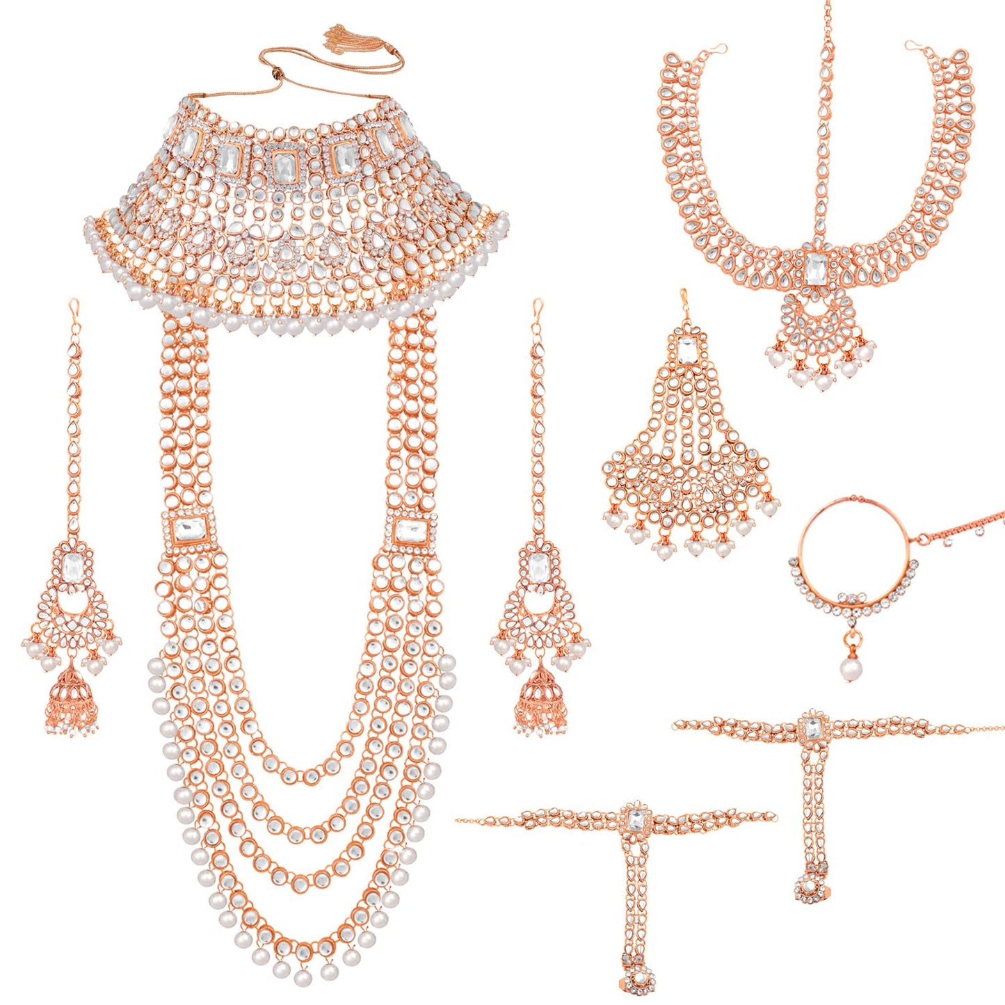 Peora Rose Gold Plated Kundan Crystal & Beads Studded Bridal Necklace Earrings Maangtikka Paso Hath Panja Nathiya Jewellery Set for Women