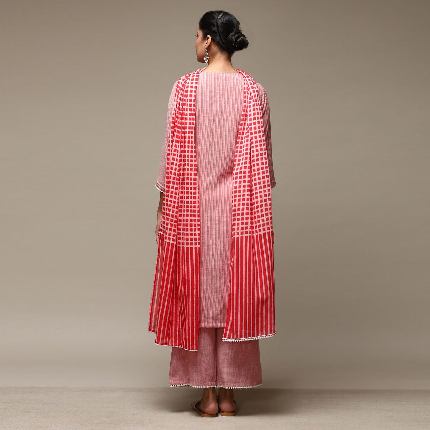 BIBA Women Cotton Yarndyed Straight Salwar Kurta Dupatta(SKD7508E_RED_36), Large