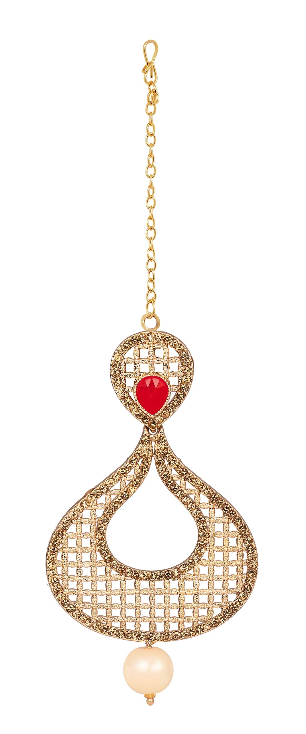 JFL - Jewellery for Less Gold Plated Jali Pattern Stone and LCD Diamond Studded Maang Tikka with Dangler Earrings for Women and Girls (Red),Valentine