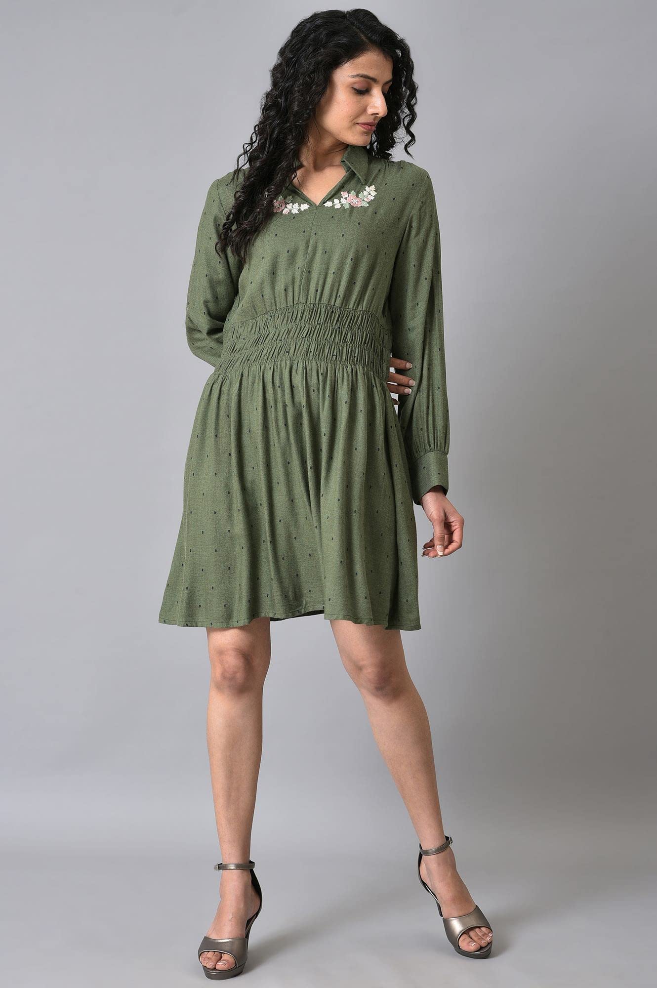 W for Woman Women's Viscose Olive Green Hand Embroidered Short Dress Above The Knee (22AUW31166-830180 10)