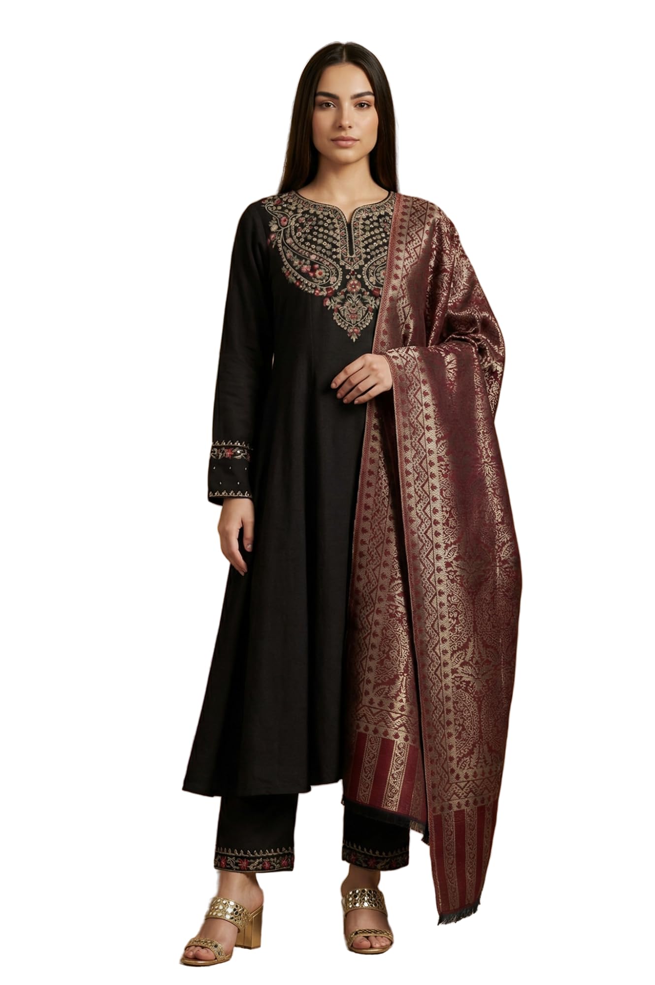 W for Woman Black Solid Rayon Blend Straight Kurta with Straight Pant and Shawl Set-(WS13323-224576-M)