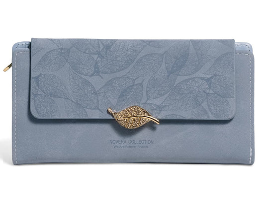 INOVERA (LABEL) Tri-fold Wallet for Women - Stylish Cash, Cards Holder Ladies Leaf Wallets - Faux Leather Hand Purse (Light Blue)
