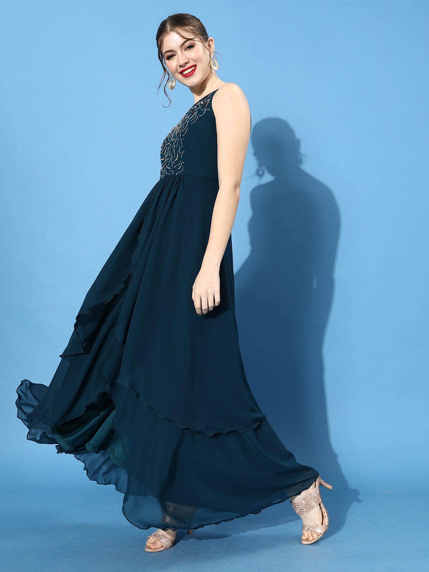 Miss Chase Women's Teal Round Neck Sleeveless Solid Embellished Maxi Dress (MCAW21D99-65-83-06, Teal, XL)