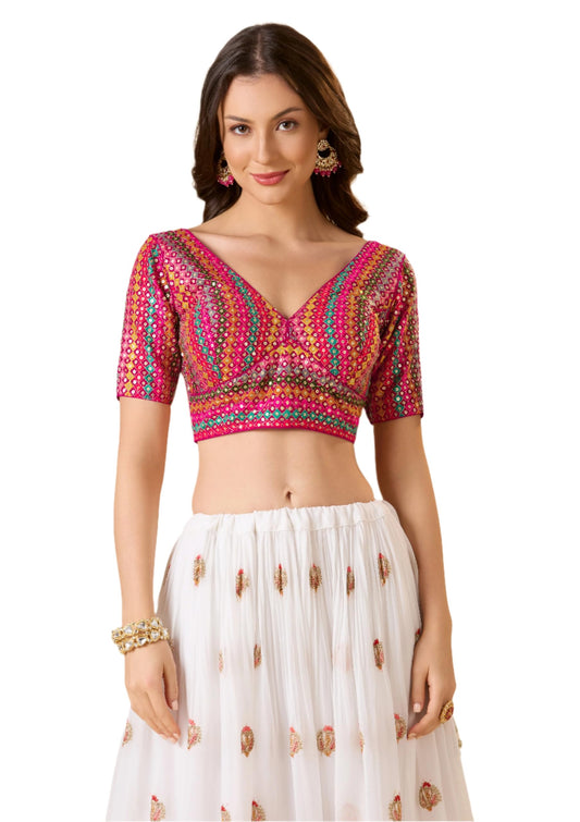 S SALWAR STUDIO Multicolour Embroidered Georgette Sweetheart Neck Readymade Blouse