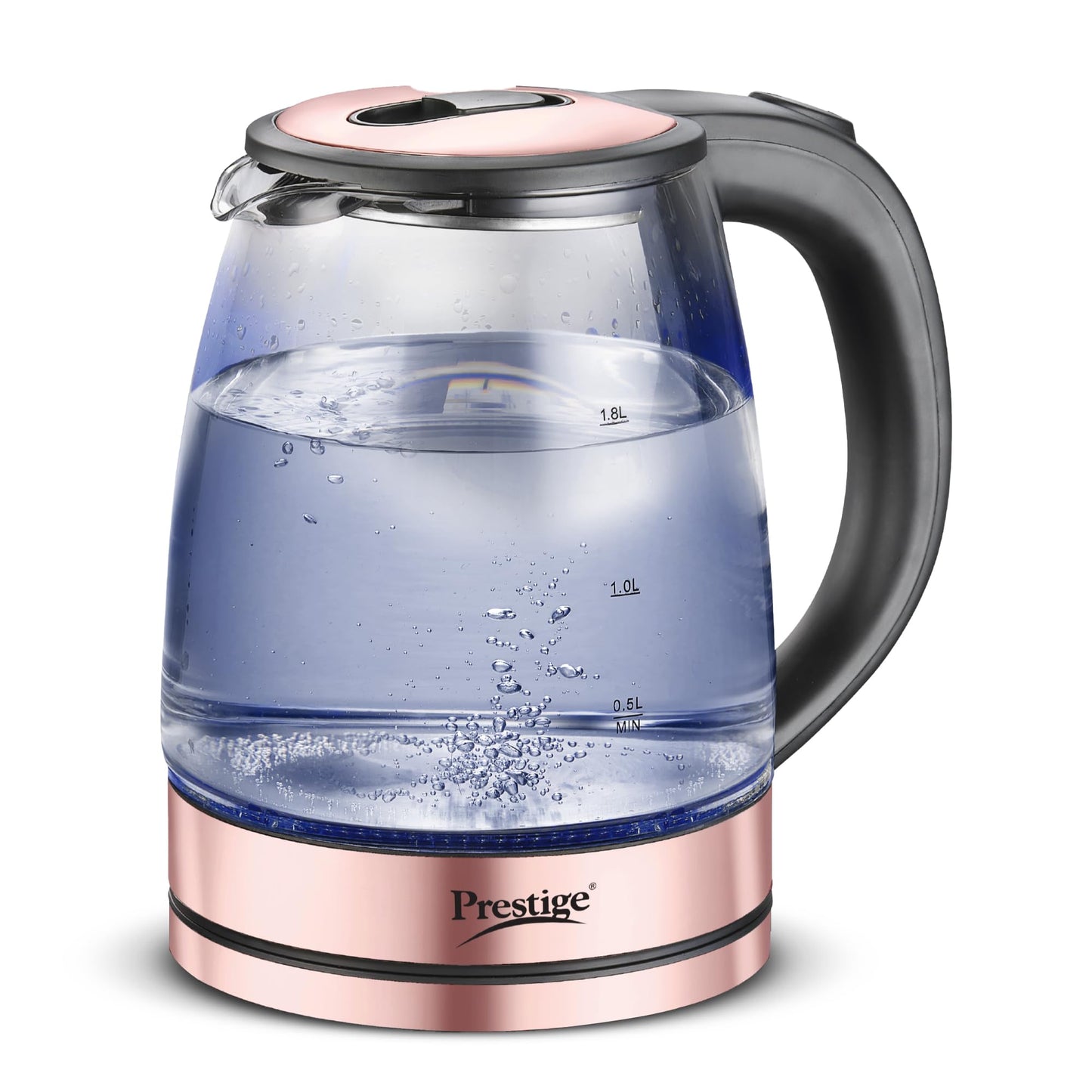 Prestige PKGB 1.8 Litre Electric Glass Kettle| LED Power Indicator| Borosilicate Glass| Automatic Power Cut-Off| Concealed Element| 360 Degree Swivel| Cool Touch Handle, 1350 Watts, Transparent