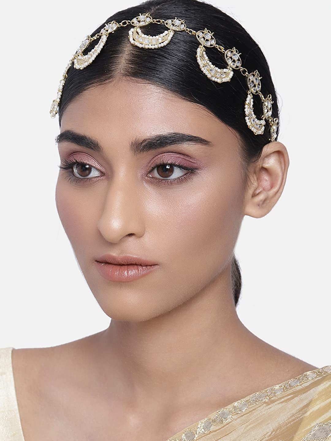 Peora Gold Plated Traditional Floral Kundan Pearl Studded Rajasthani Sheeshpatti Sheeshphool Mathapatti Hair Jewellery for Women