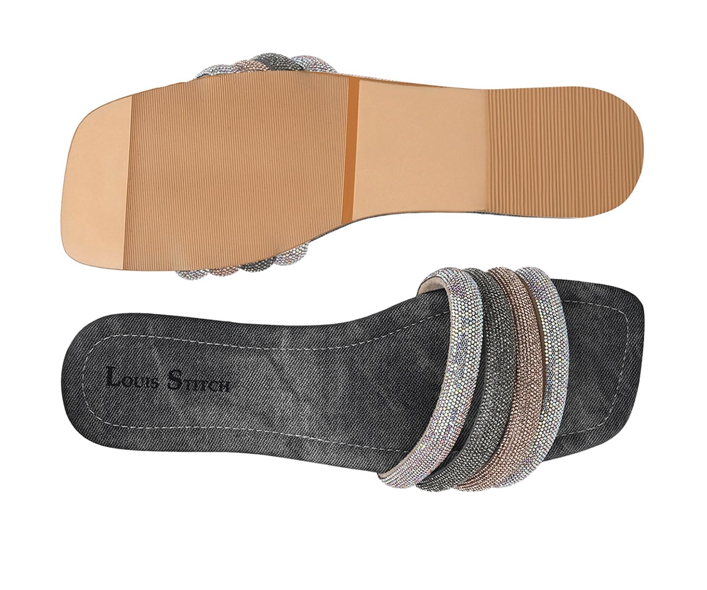 LOUIS STITCH Women’s Fashion Flat Slip-On Sandals | Open Toe Grey Glitter Strap Flat Slipper for Ladies, Comfortable Slipper | LSOF-LDSL-GLFSGY | (UK-5)