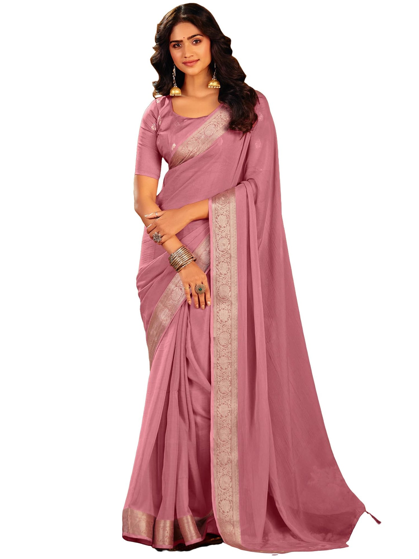 AKHILAM Women's Pink Chiffon Solid Saree With Unstitched Blouse Piece | saree for woman | Designer Saree for Women | Soft and Skin Friendly (PARVTHI1008_SR)