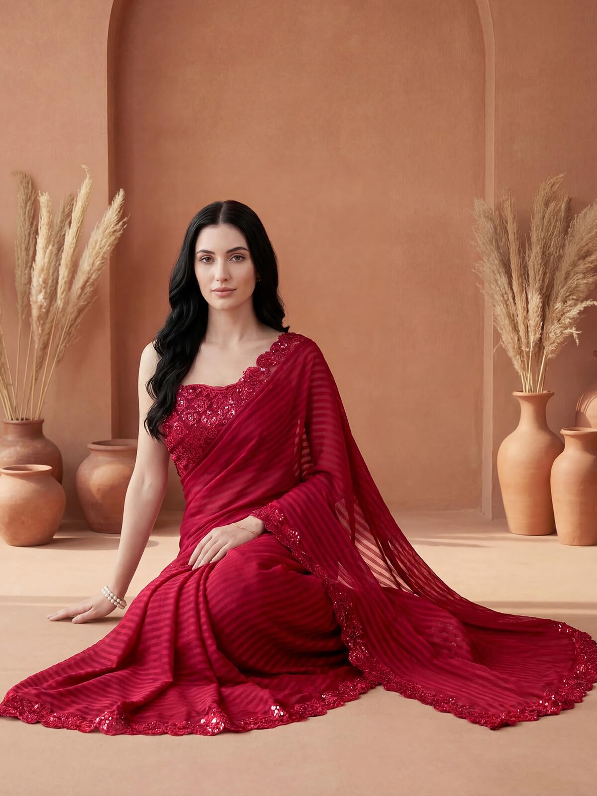 SIRIL Women's Georgette Stripes Embellished Saree with Unstitched Blouse Piece (2992S2671AAAA_Red)