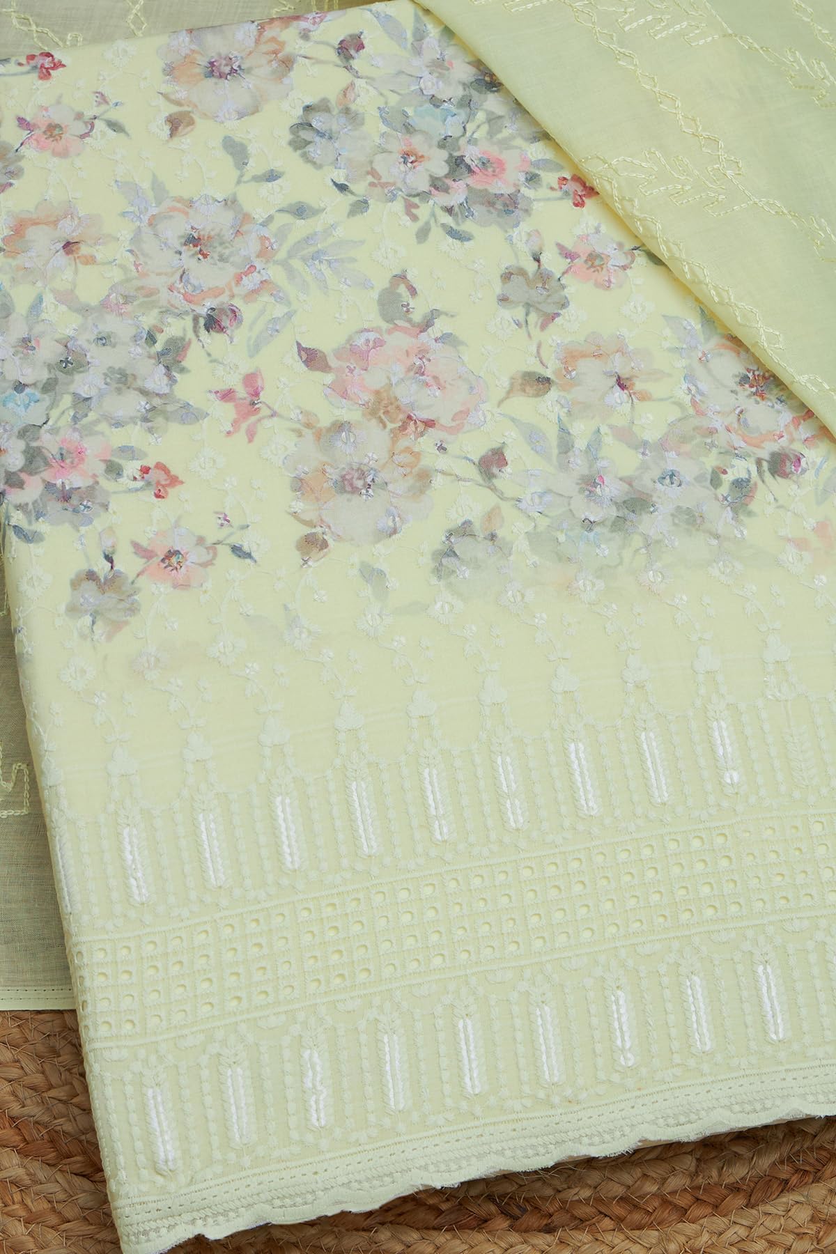 Soch Womens Yellow Cotton Floral Print Unstitched Dress Material With Thread Work