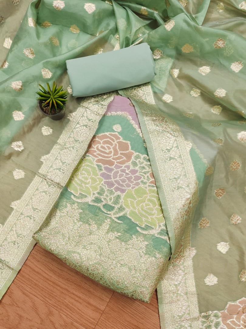 SHANTVAN GALLERY Banarasi Organza Cut Paste Suit Set with Silk Jacquard Dupatta, Heavy American Crape Bottom, 2.5 Meter, (Green)