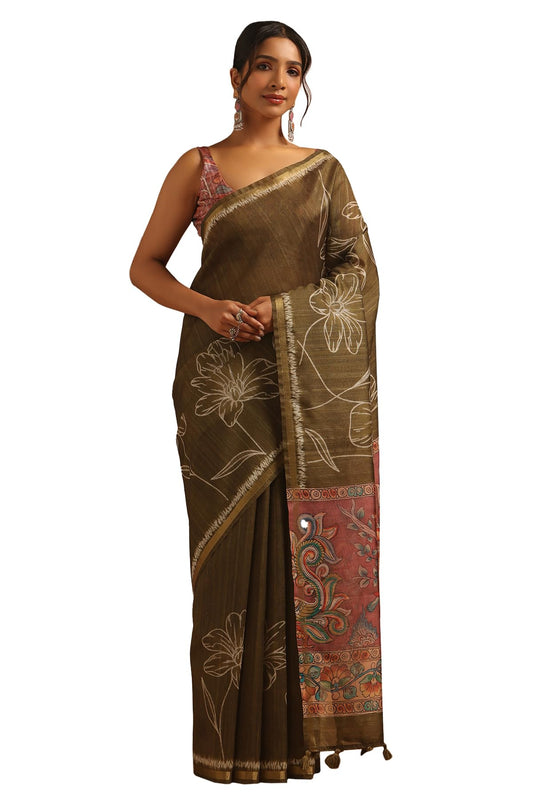 Soch Womens Olive Tussar Floral Saree