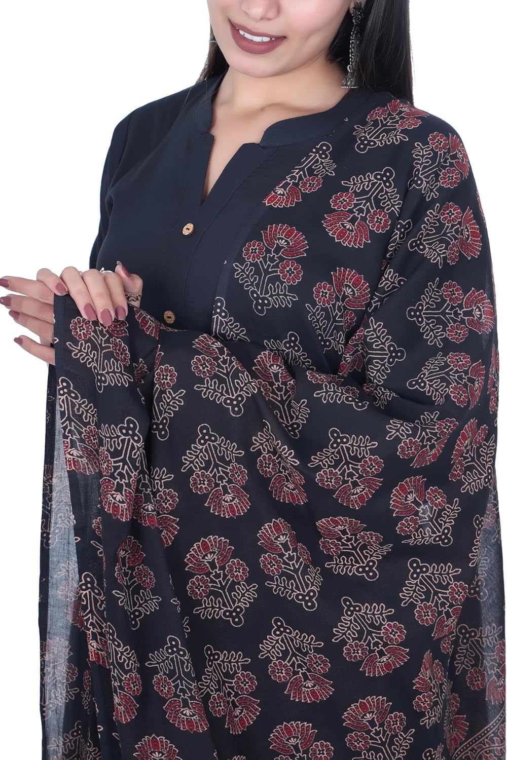 FABMOHA Women Pure Cotton Handblock Printed Full Length Ajrakh Dupatta (Maroon - Black)
