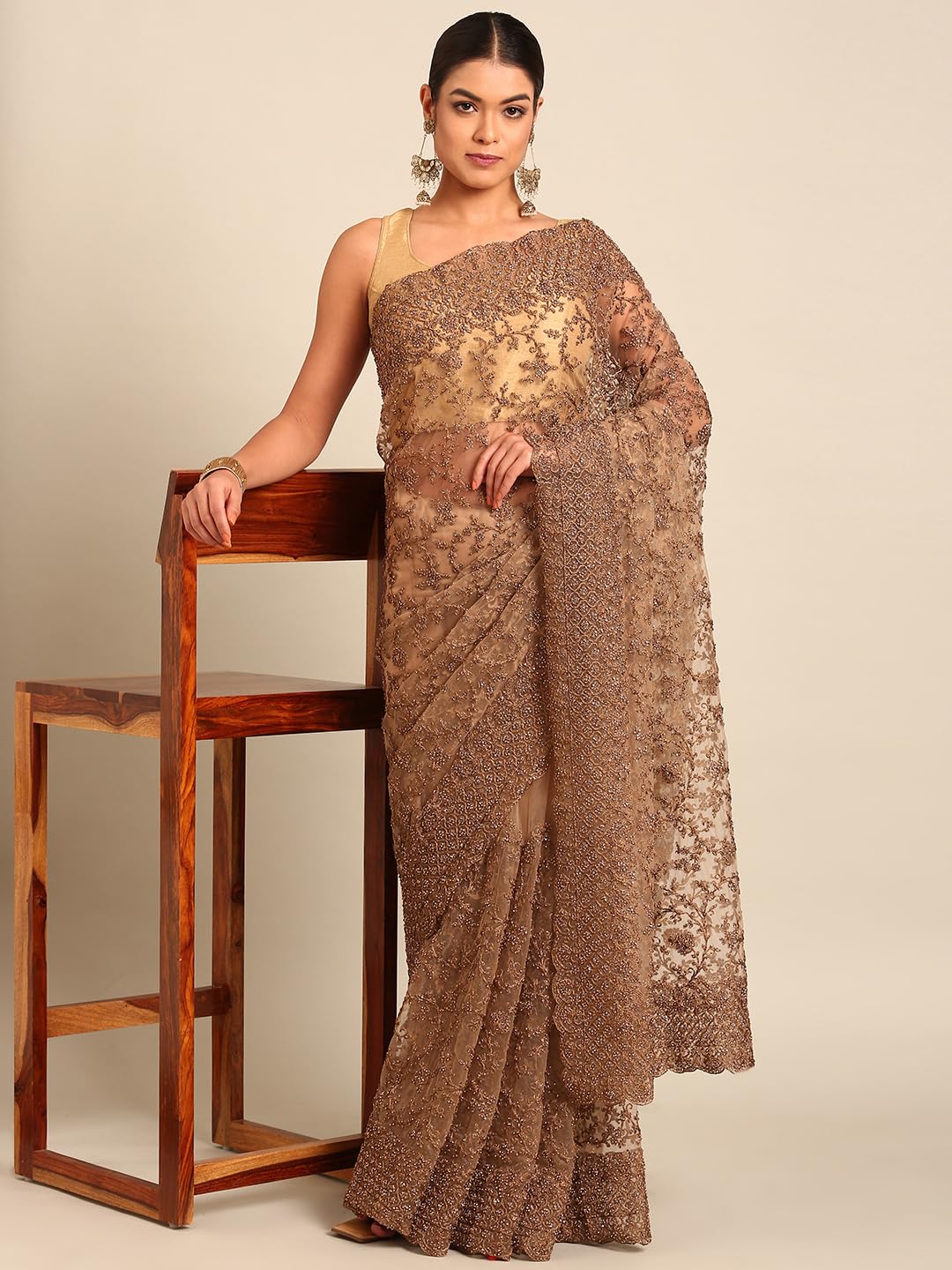 MOHEY Fawn Net Embroidery|Stone Work Saree for Women