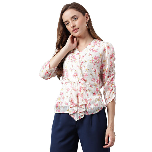 Latin Quarters Casual Puff Sleeves Floral Print Women Pink Top_M