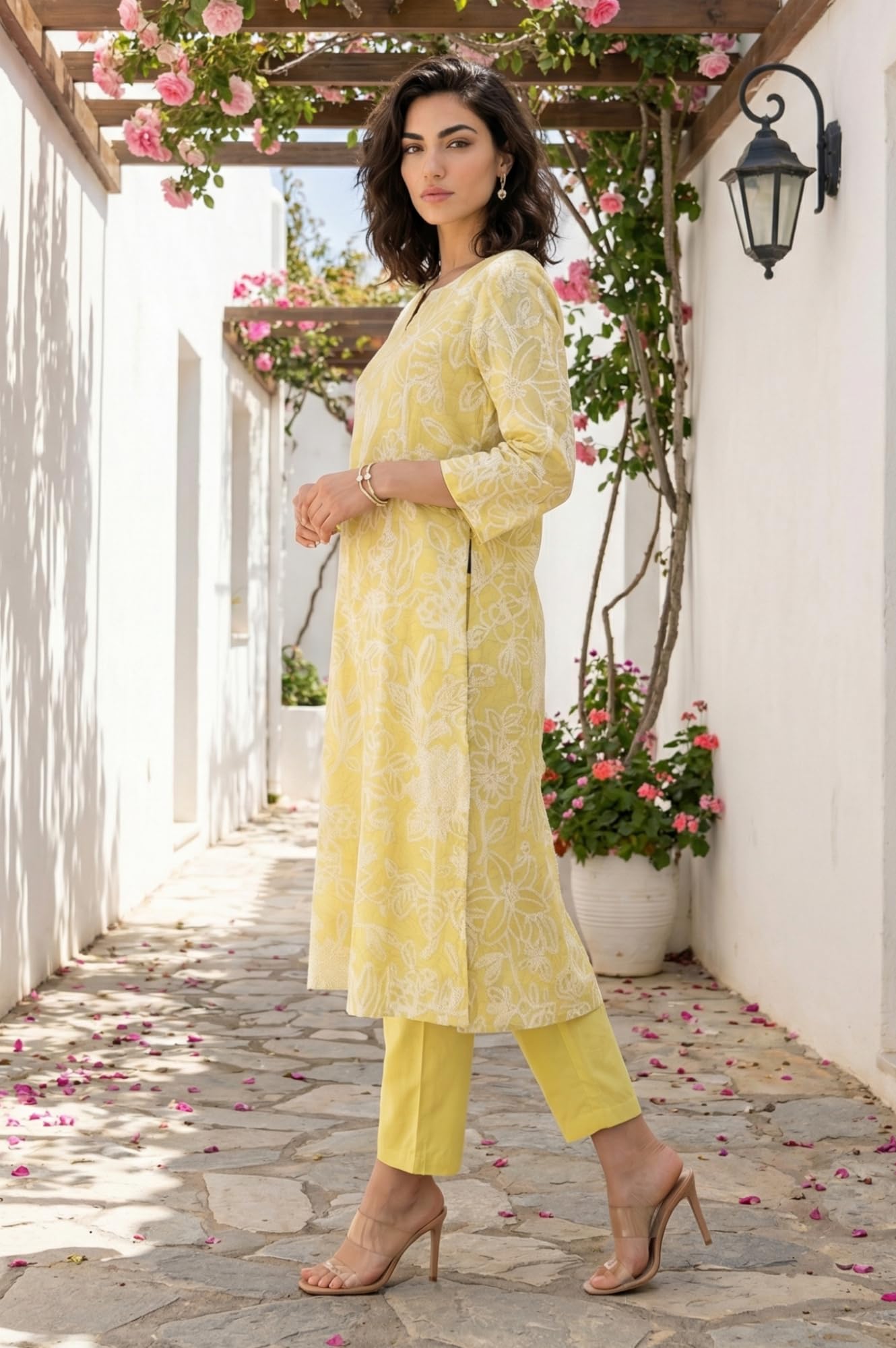 W for Woman Yellow Floral Printed Chanderi A-line Kurta with Pants and Dupatta Set - (WS12702-127279-S)