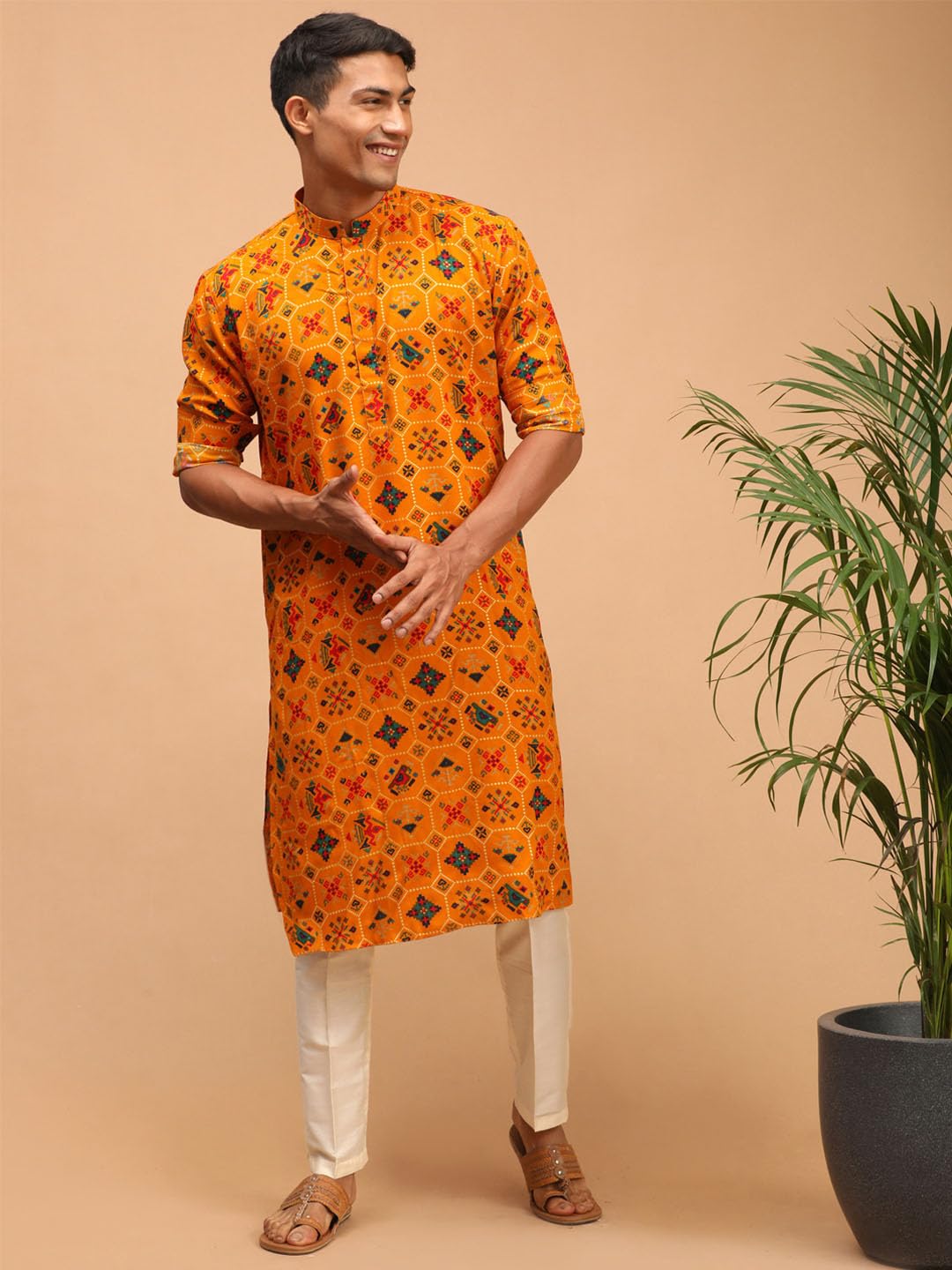 VASTRAMAY Men's Longline Pathani Style Rayon Printed Kurta with Foil Print Detailing | Perfect for Navratri Yellow