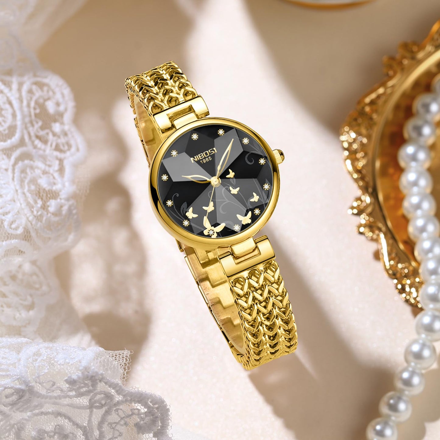 NIBOSI Watch for Woman Analog Quartz Diamond Rose Gold Women Watches Stylish Elegant Waterproof Stainless Steel Wrist Watch Jewelry Bracelet (Gold Black)