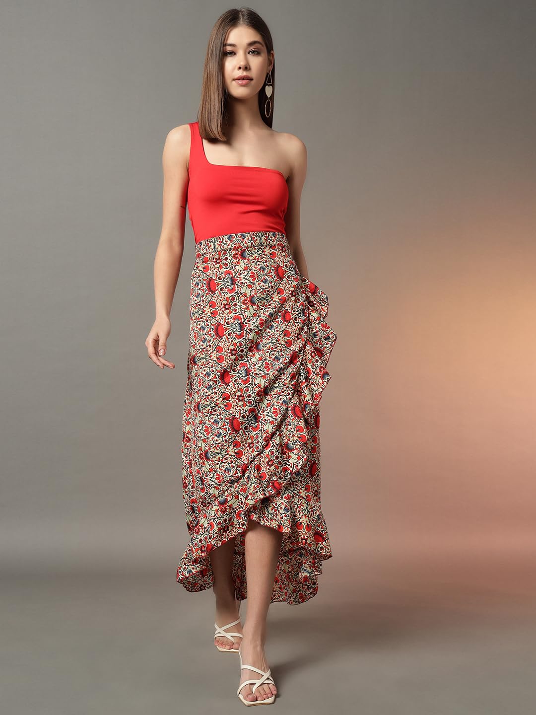 Trend Arrest.ed Women's Floral High-Low Midi Skirt | Ruffle Wrap Skirt | Summer Casual Wear, Plus Sizes (Red, L)