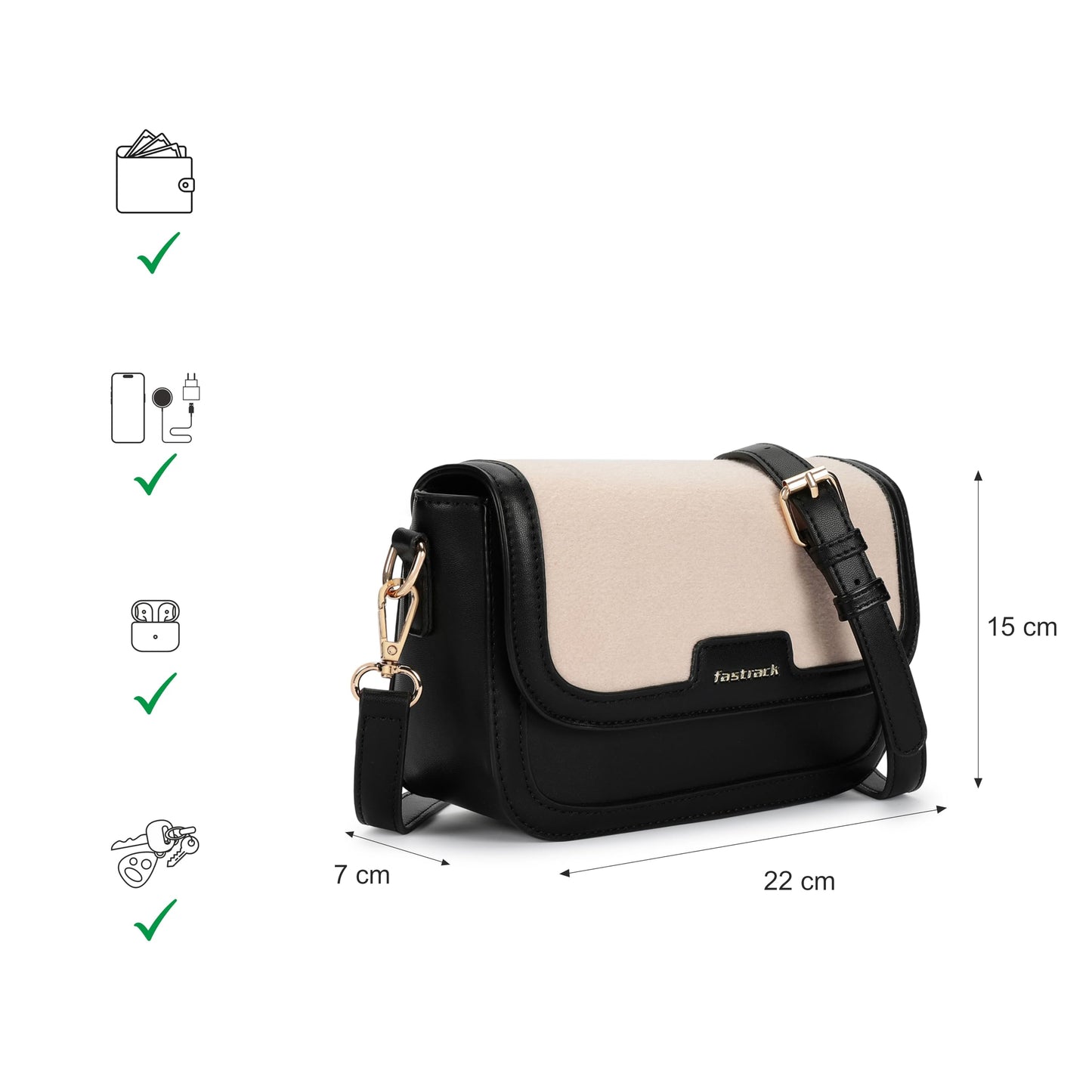 Fastrack Sherpa-Panel Sling Bag for Women | Faux Leather Crossbody with Zipper Closure, Gold Hardware and Detachable Strap | Compact Textured Bag for Casual and Evening Outfits