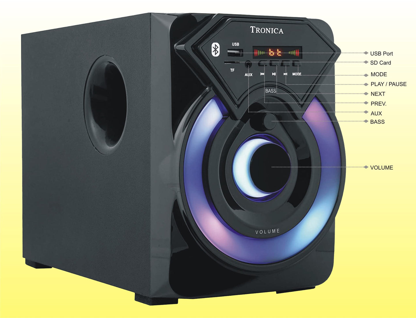 TRONICA Series 7.1 Channel Home Theatre System � Bluetooth, USB,FM, SD, RCA Inputs,AUX, LED TV Supported 4 Inch Active Subwoofer, 3� Passive Radiator, Vivid Lights, Wireless Remote