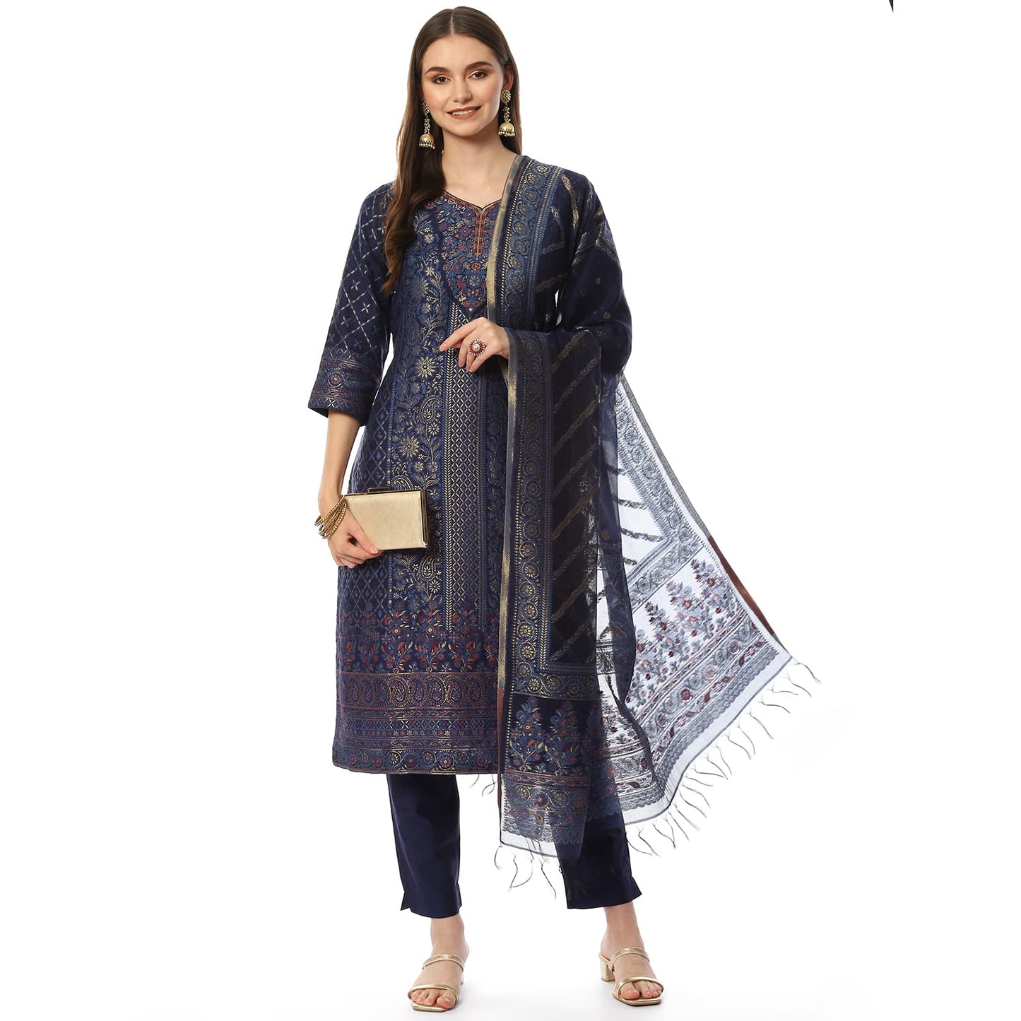 BIBA Women Cotton Yarndyed Narrow Salwar Kurta Dupatta(SKDASSORTED8386_INDIGO BLUE_42) 3Xl