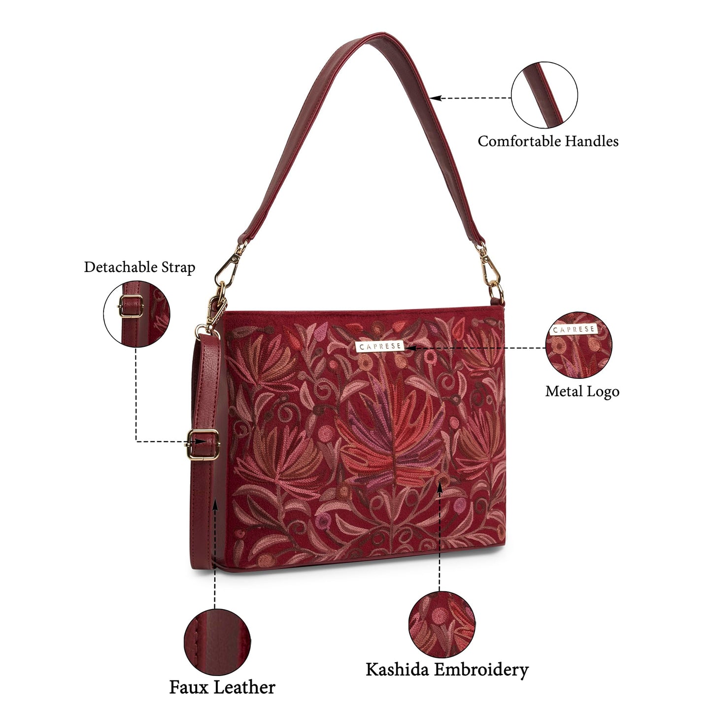 Caprese Siji Tresana Large Crossbody Bag for Women | Kashida Embroidery Sling with Adjustable & Detachable Strap, Secured Zip Closure | Stylish & Spacious Handbag for Everyday Use & Travel (Red)