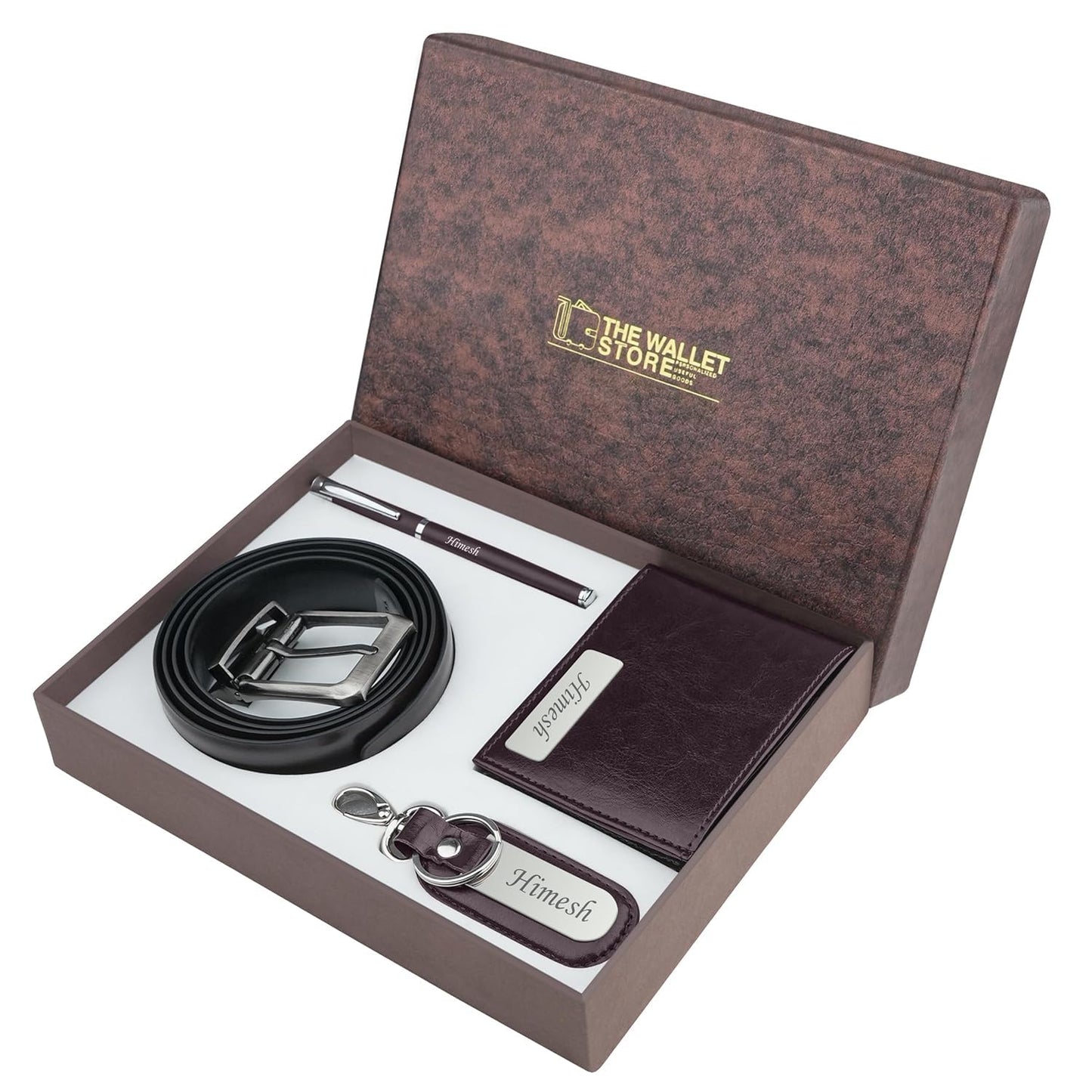 The Wallet Store Personalised Leather Gift Set for Men | Wallet, Reversible Belt, Engraved Pen & Keychain Combo with Name | Premium Gift Box for Birthday & Corporate Gifts (PN03-KC14-BT01-WL15-BRN)