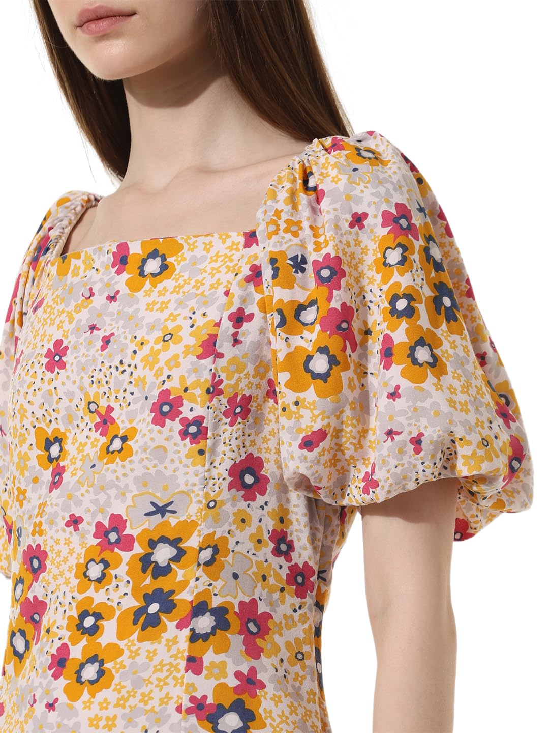 ONLY Women Printed Viscose Yellow Midi Dress