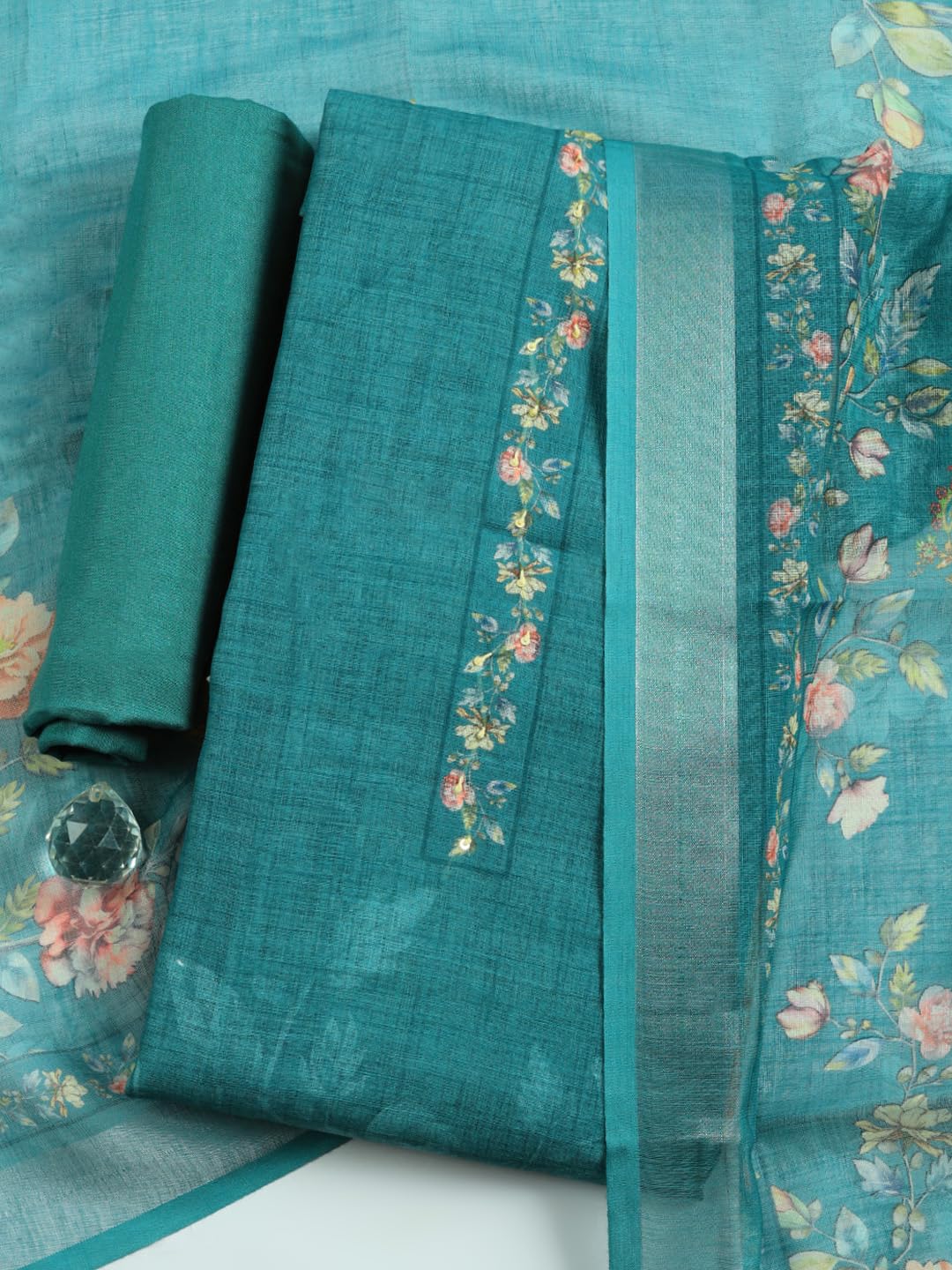 Meena Bazaar Printed Cotton Unstitched Kurta with Bottom & Dupatta