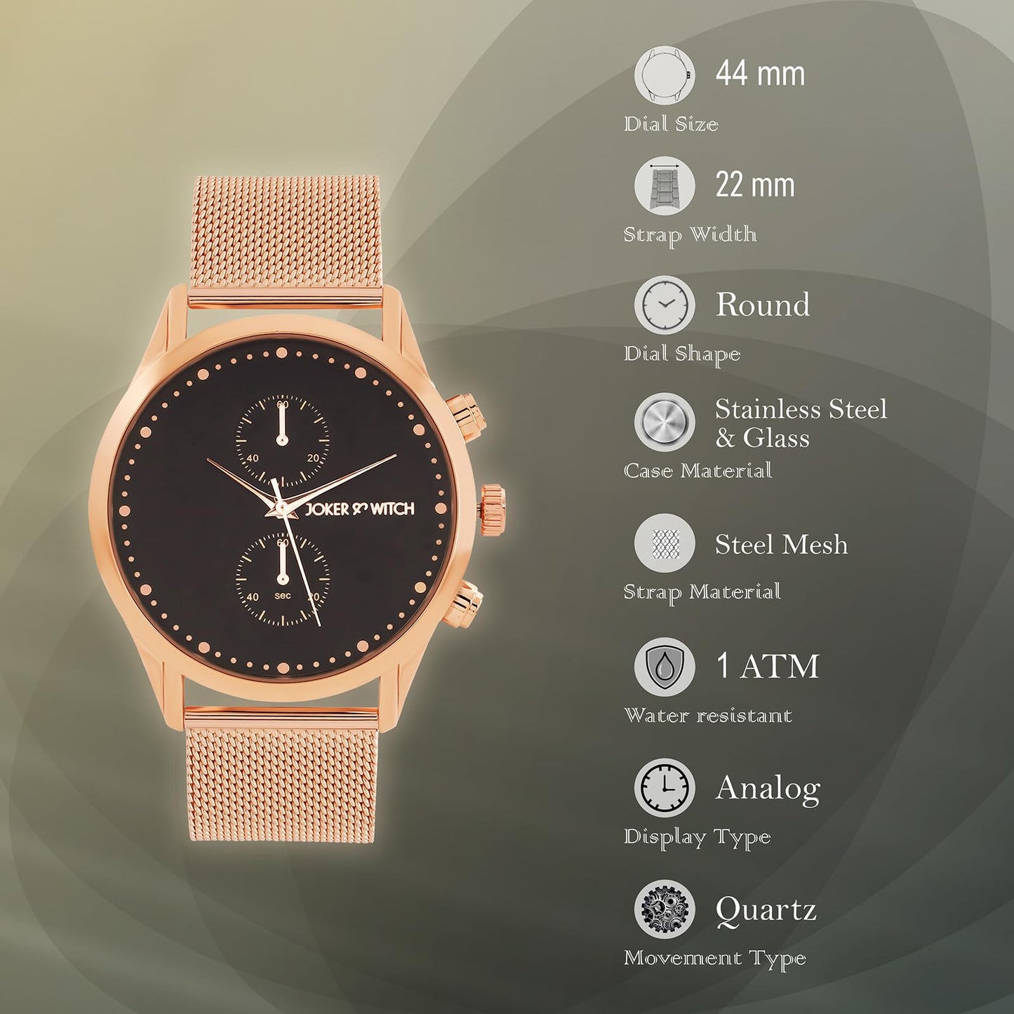 Joker & Witch Quant 44mm Rose Gold Dial 22mm Rose Gold Steel Mesh Watch for Men