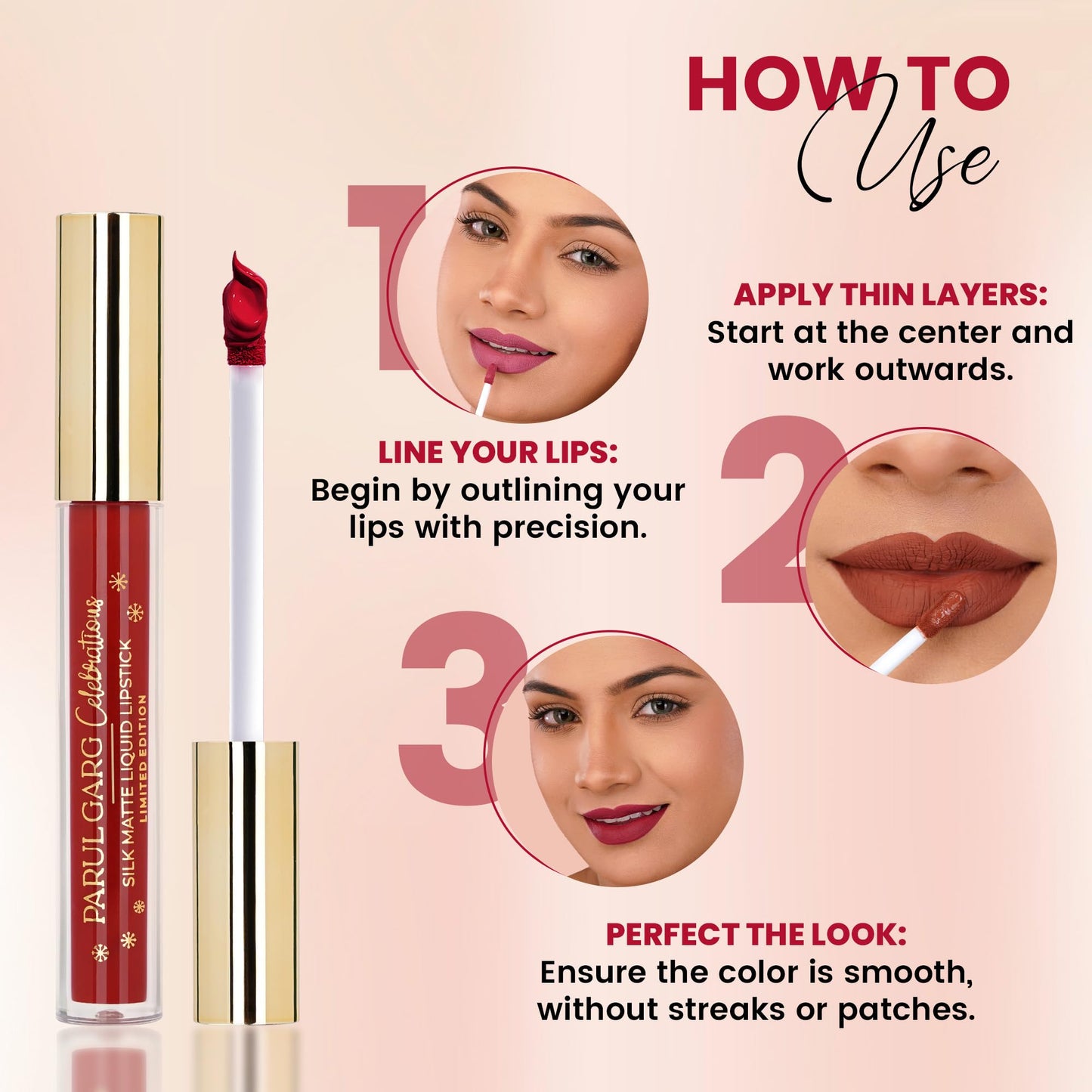 Parul Garg Beauty Silk Matte Liquid Lipstick | Long-Lasting & Smudge-Proof | Soft Matte Finish | Vegan & Clean Beauty | Hydrating with Shea Butter & Vitamin E | Merry 24 (Classic Red) | 2.5ml
