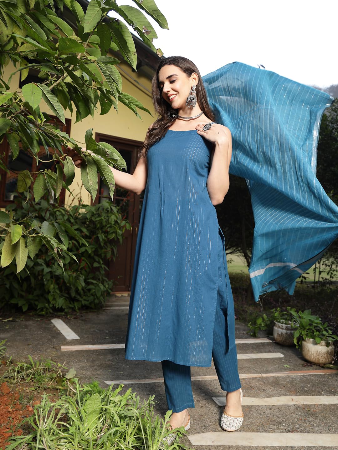 Stylum Women's Woven Design Cotton Blend Straight Kurta Pant Dupatta Set