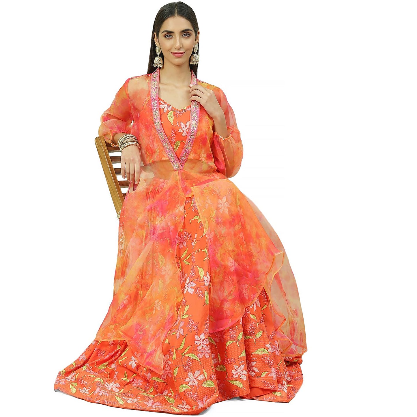 BIBA WOMEN PRINTED FLARED SALWAR KURTA DUPATTA(SKDASSORTED8174_ORANGE_40)