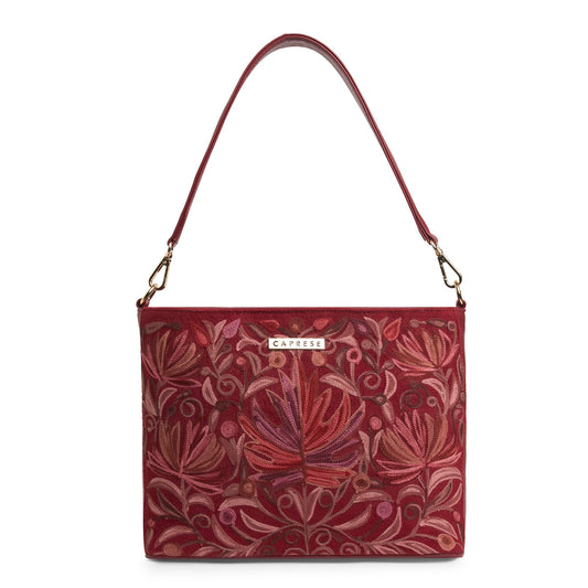 Caprese Siji Tresana Large Crossbody Bag for Women | Kashida Embroidery Sling with Adjustable & Detachable Strap, Secured Zip Closure | Stylish & Spacious Handbag for Everyday Use & Travel (Red)