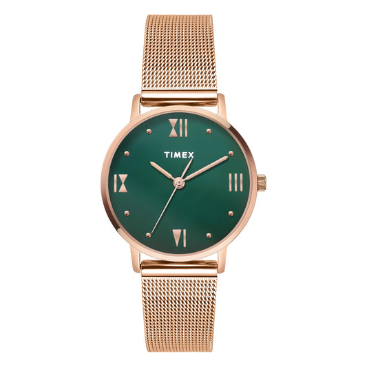 TIMEX Analog Watch for Women with Green Round Dial & Rose Gold Stainless Steel Bracelet Band Water Resistant Women's Wrist Watches - TWEL15625