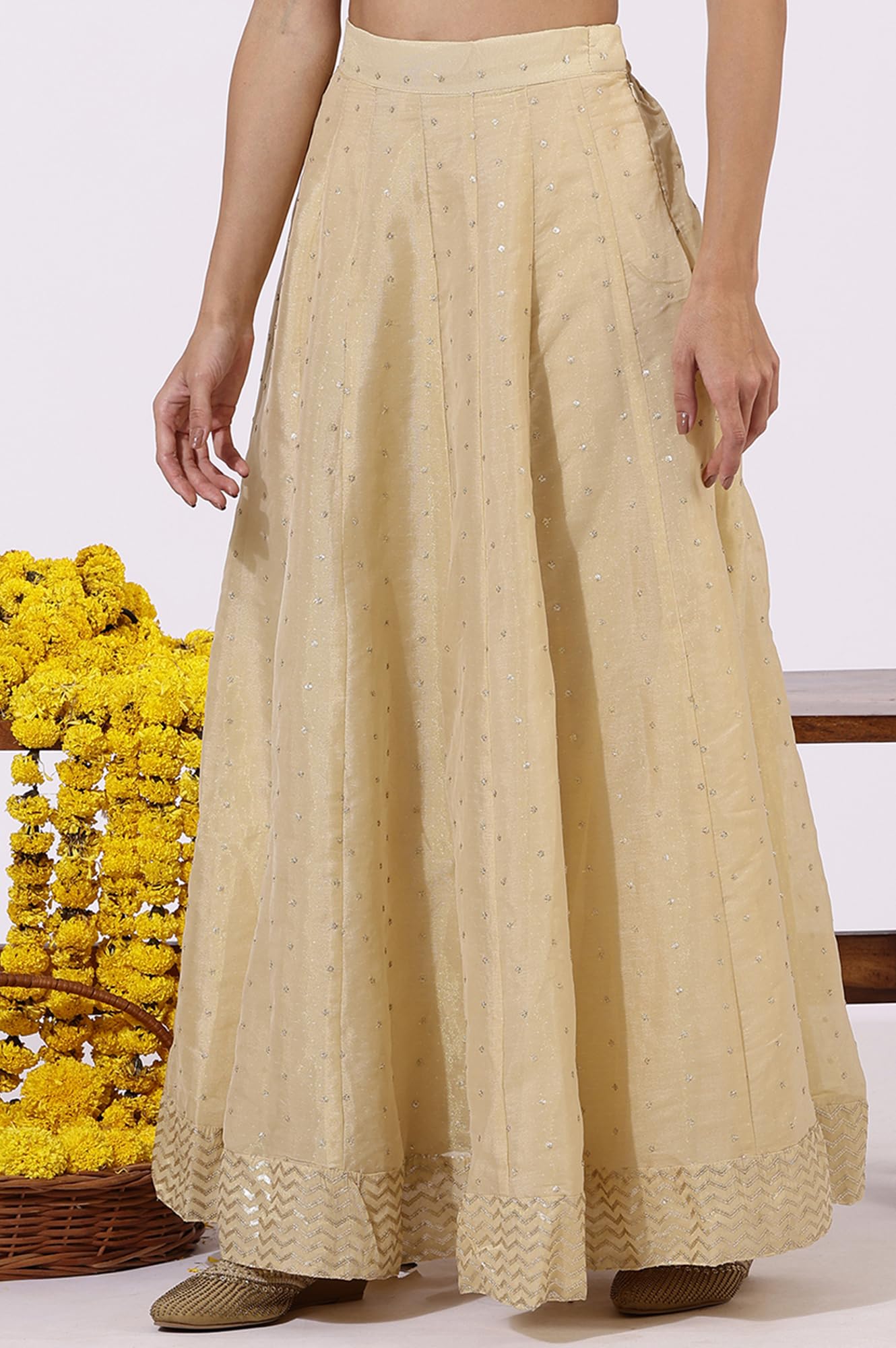 W for Woman Gold Solid Sequins Flared Woven Skirt (W50501-400770-S)