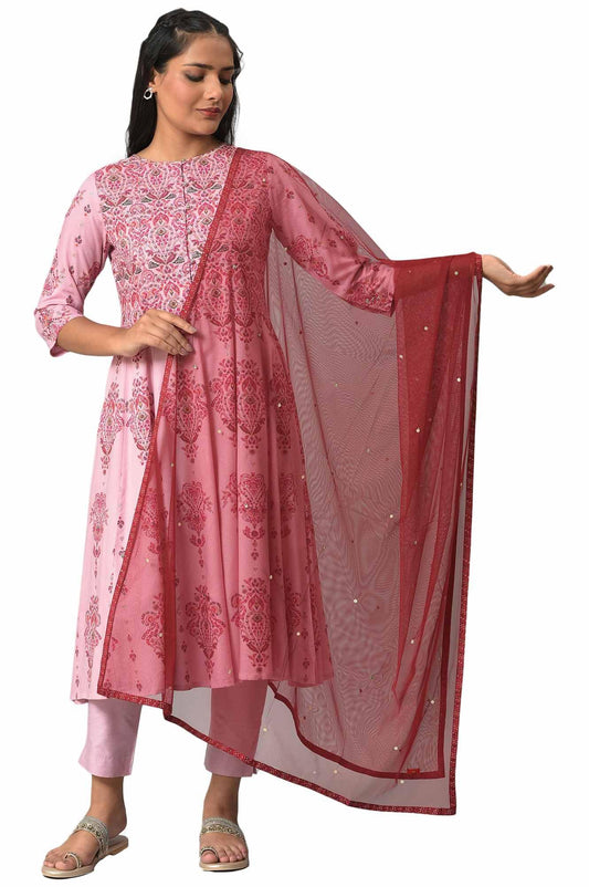 W For Women Maroon Mesh Dupatta With Printed Border_22AUW81694-218233_Free Size