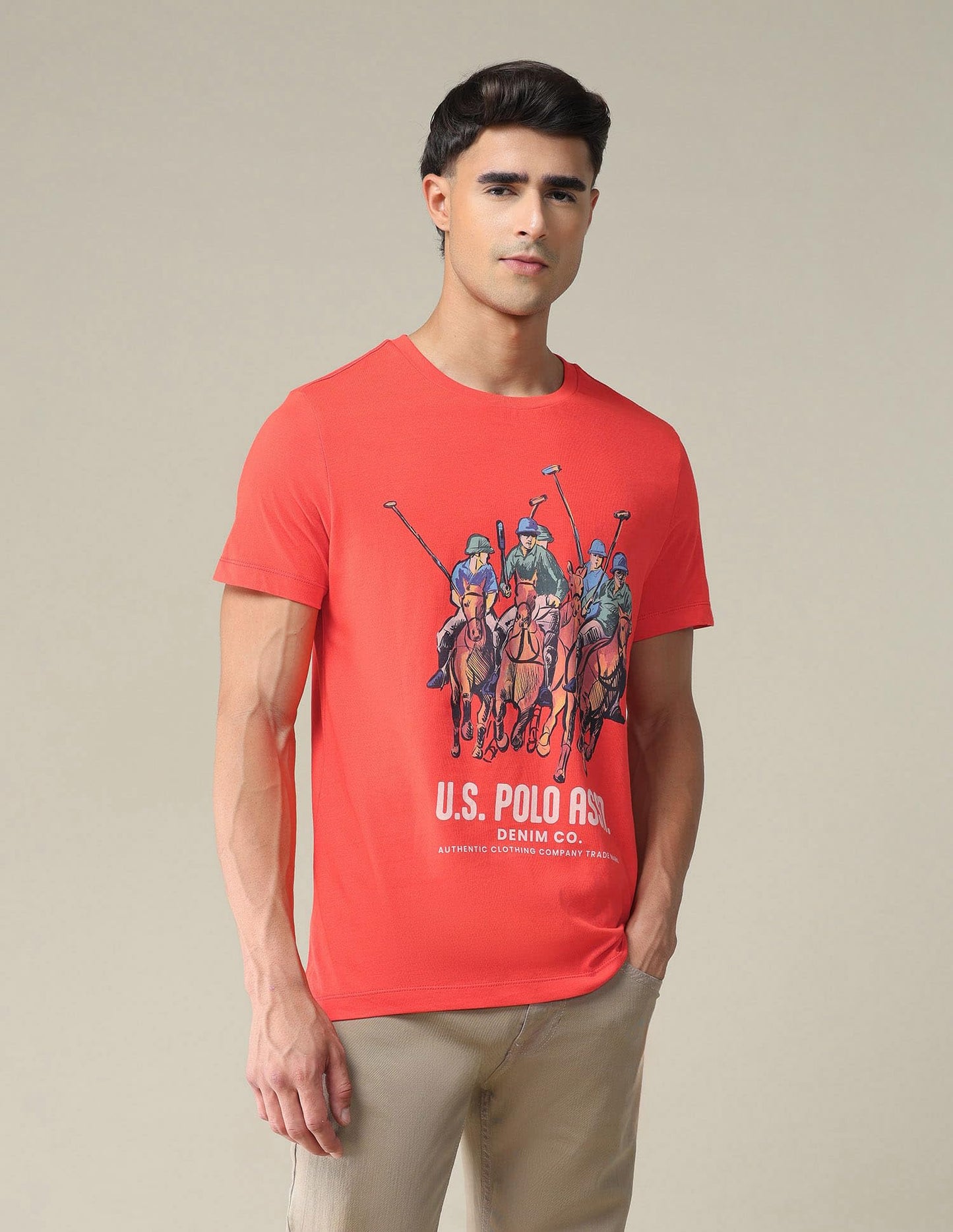U.S. POLO ASSN. Brand Printed Cotton T-Shirts for Men - Slim Fit, Half Sleeves Mens Casual T Shirts Red