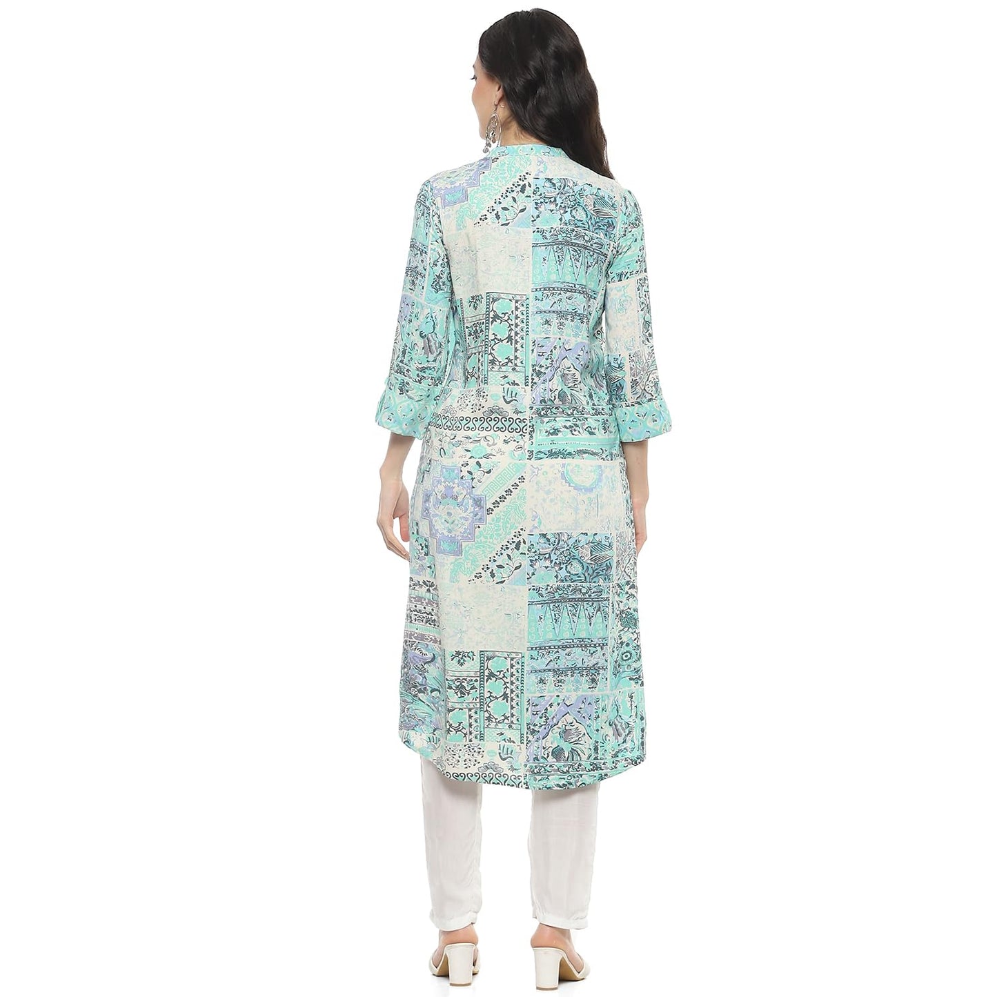 BIBA Regular Women Viscose Printed Kurti (SANGANERPATCHWORK20153SS24MINTBLU_Blue