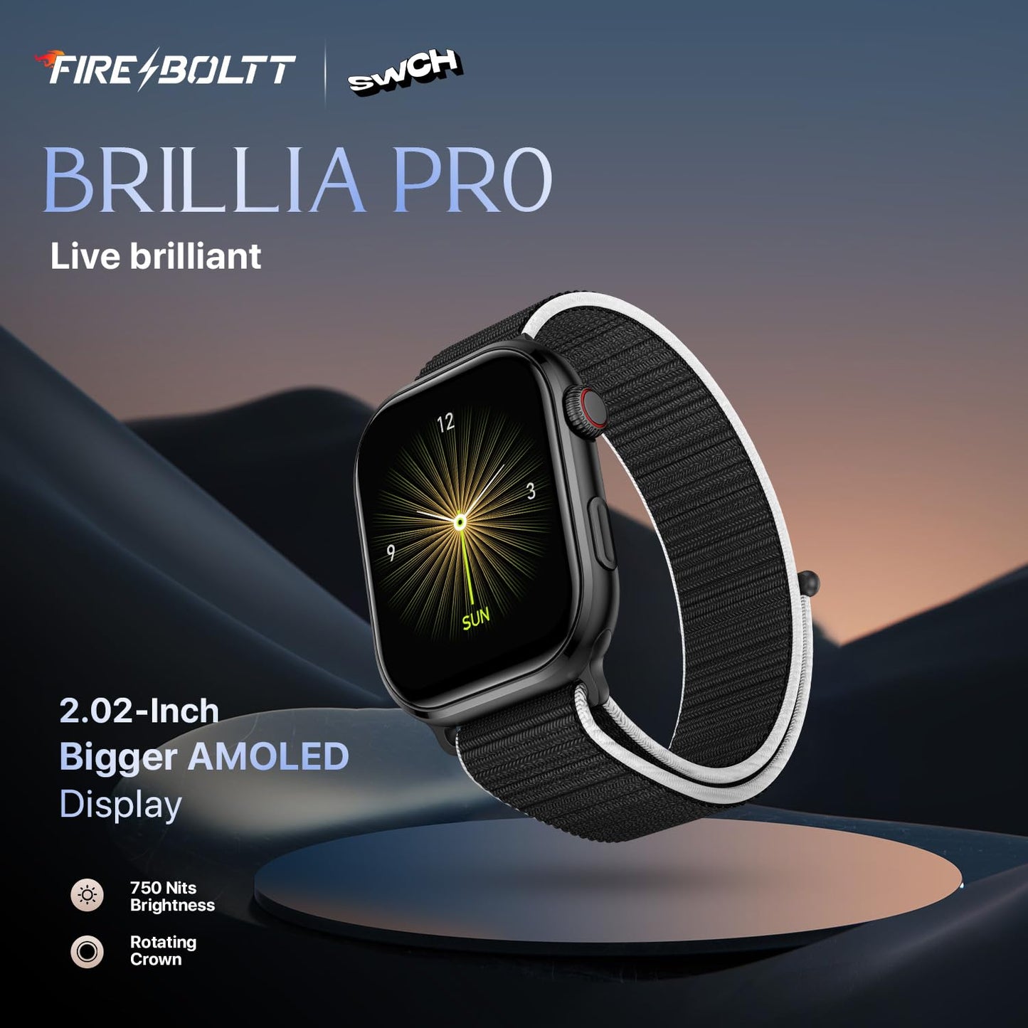 Fire-Boltt Brillia Pro Smart Watch with 51.3mm (2.02 inch) AMOLED Display, Bluetooth Calling, SpO2, Heart Rate Monitoring, 120+ Sports Modes, IP67 Waterproof, Long Battery Life (Active Black)