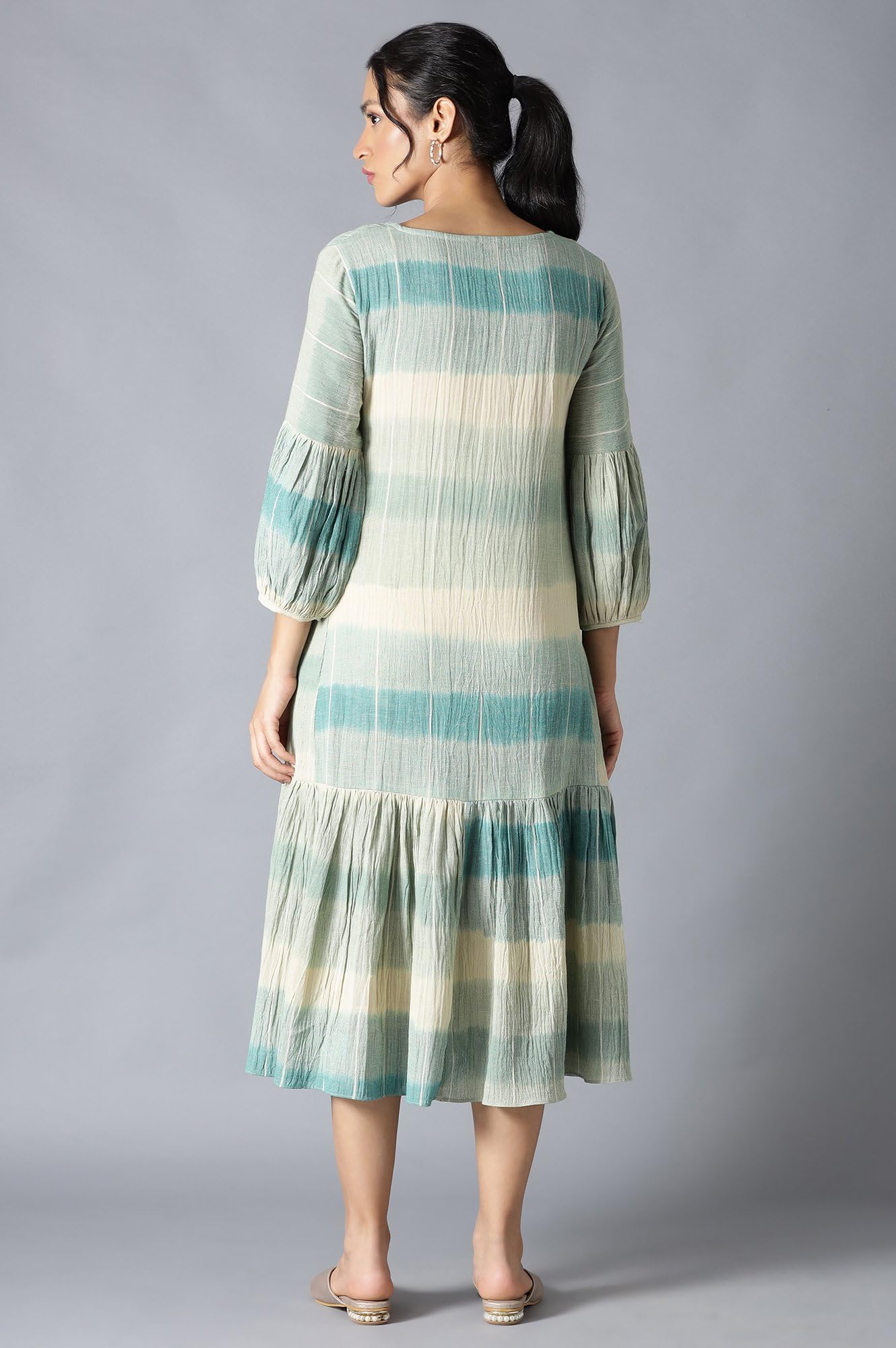 W for Woman Cotton Ecru Ikkat Print Cotton Dress In V-Neck