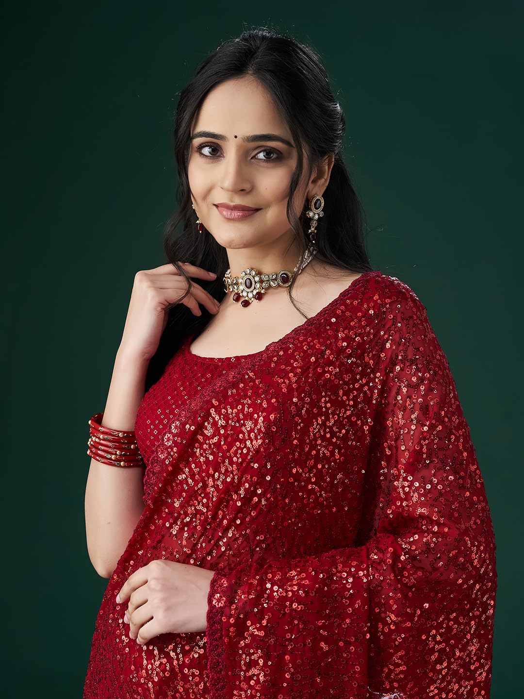 Kasee Women Embellished Sequinned Saree with Blouse Piece (Cherry)