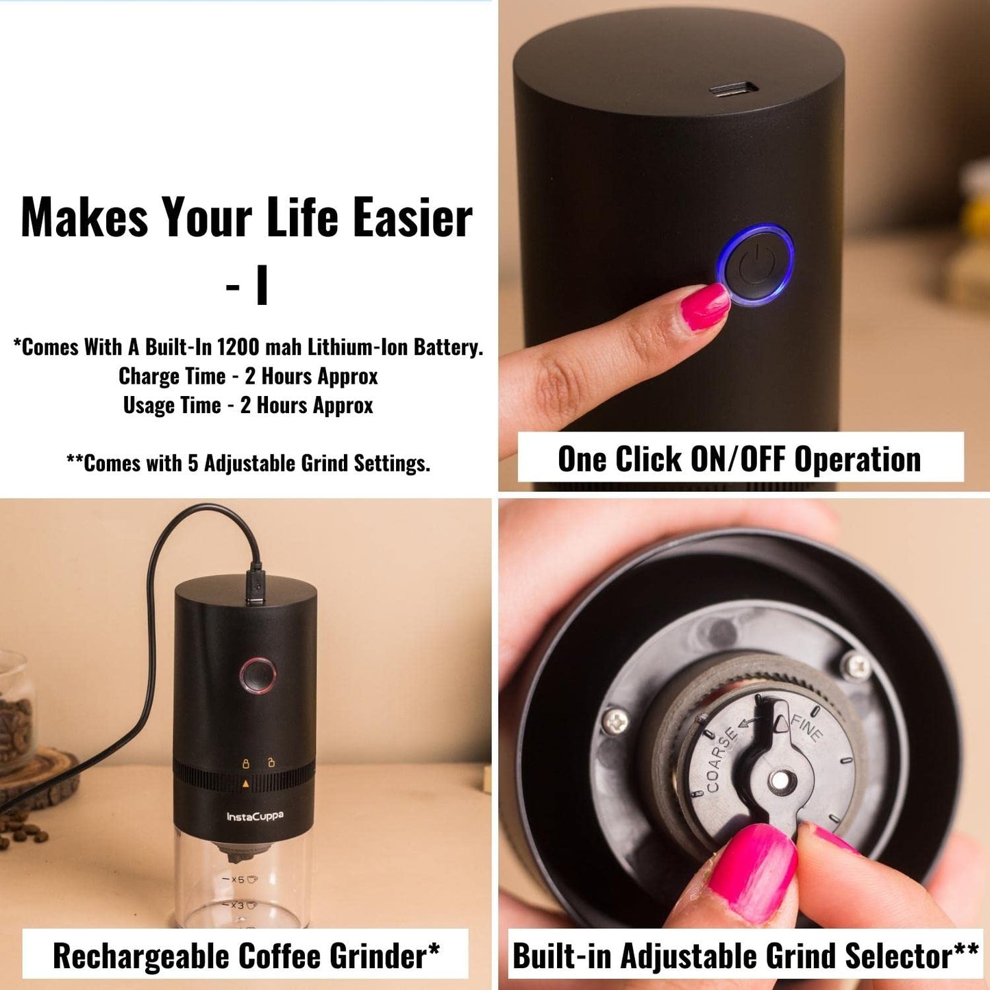InstaCuppa USB Rechargeable Coffee Grinder for Busy Moms | 5 Adjustable Grind Settings | Ceramic Burr | 1250 mAh Battery | 25g Bean Capacity | Transparent Canister | Travel-Friendly & Easy to Clean