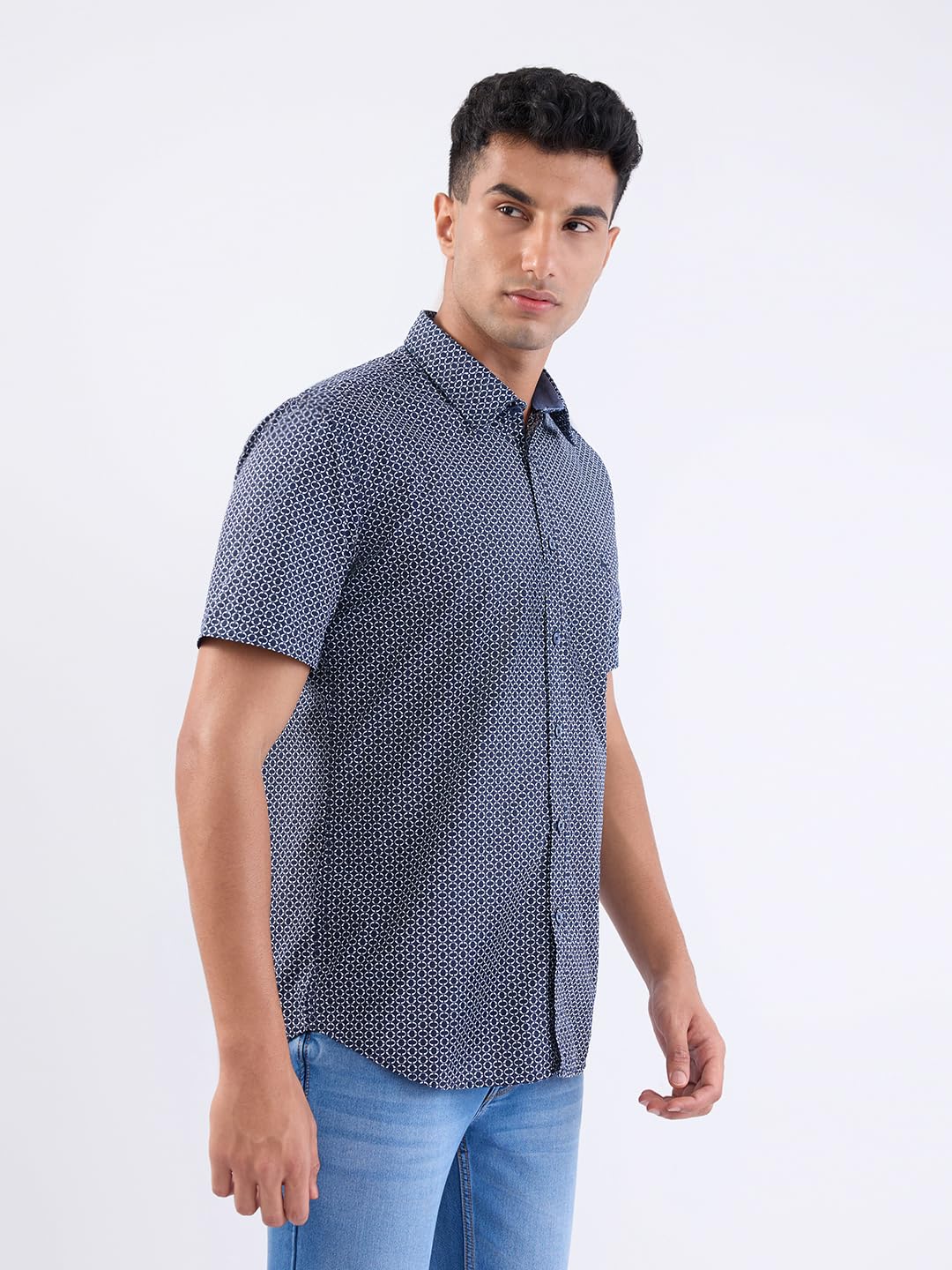 Raymond Men Regular Fit Print Pattern Linen Cotton Blend Semicutaway Collar Full Sleeve Casual Shirt (Size:42)-RCSQ01979-B6 Blue