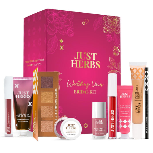 Just Herbs Wedding Kit Glam Essentials with Matte Lipstick | Lip & Cheek Tint | Strobe Cream | Kajal | Sindoor | Eyeshadow Palette | Nail Paint | Serum Foundation | Blush Drops All in One Makeup Gifting Kit for Women (Pack of 9)