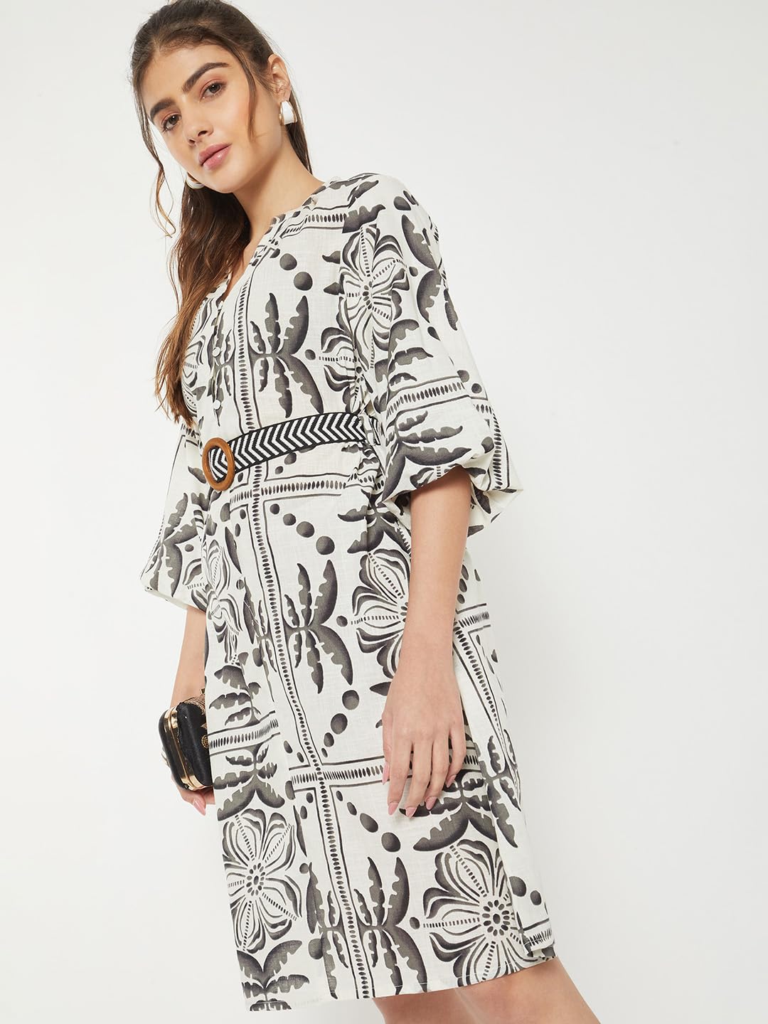 Max Women Printed Shirt Dress with Belt(White_M)