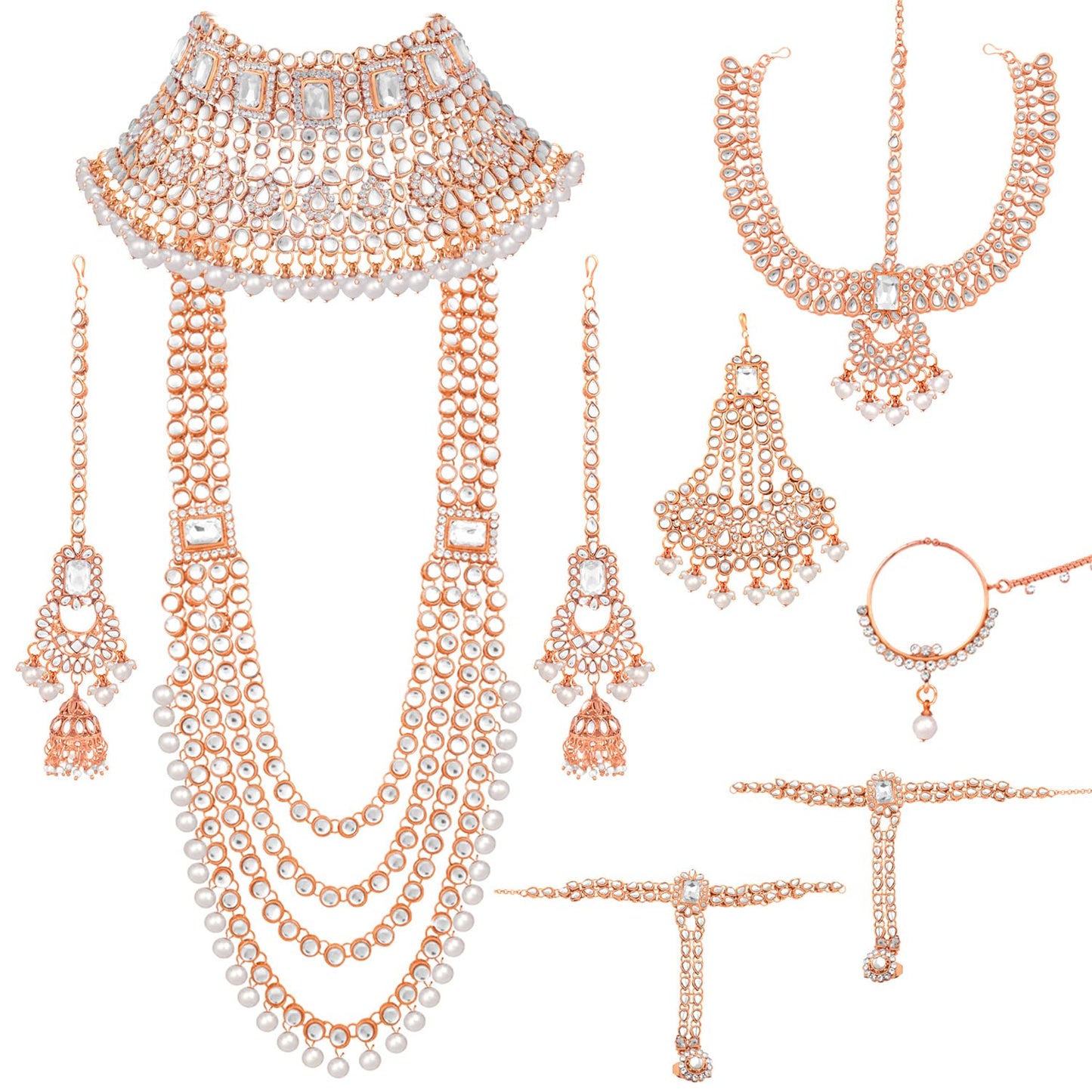 Peora Rose Gold Plated Kundan Crystal & Beads Studded Bridal Necklace Earrings Maangtikka Paso Hath Panja Nathiya Jewellery Set for Women